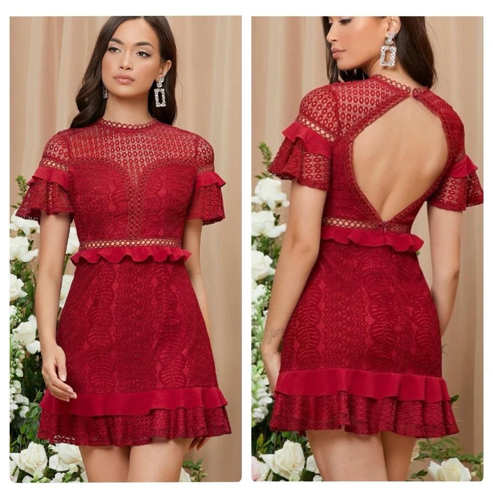Burgundy open back ruffle embroidered lace dress size 2X NWOT